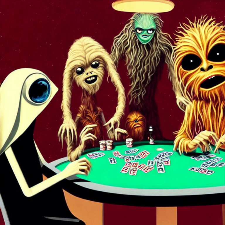 Alien creatures playing cards at round table on dark red background