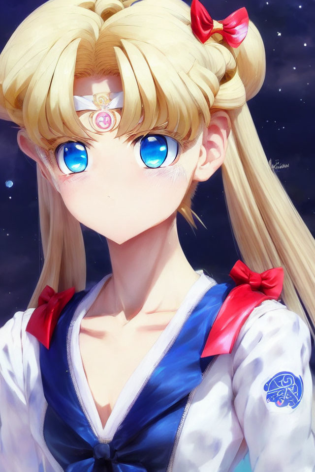 Blonde Anime Character with Blue Eyes in Sailor Outfit