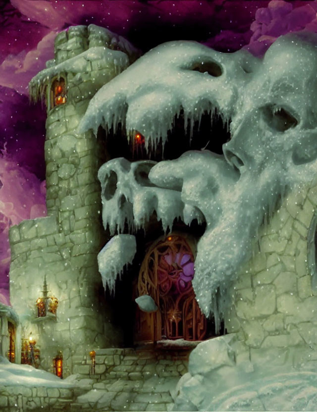 Snow-covered castle at night with glowing windows under purple sky