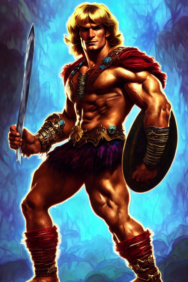 Muscular blond fantasy warrior with sword and shield in red cape on blue background