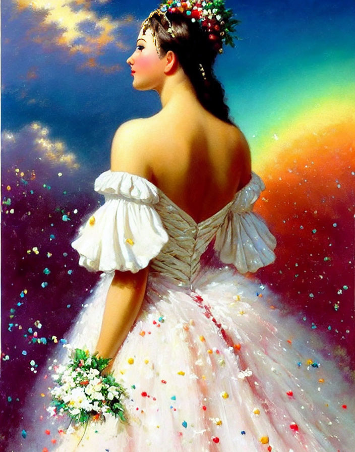 Woman in White Off-Shoulder Gown Amid Colorful Sky