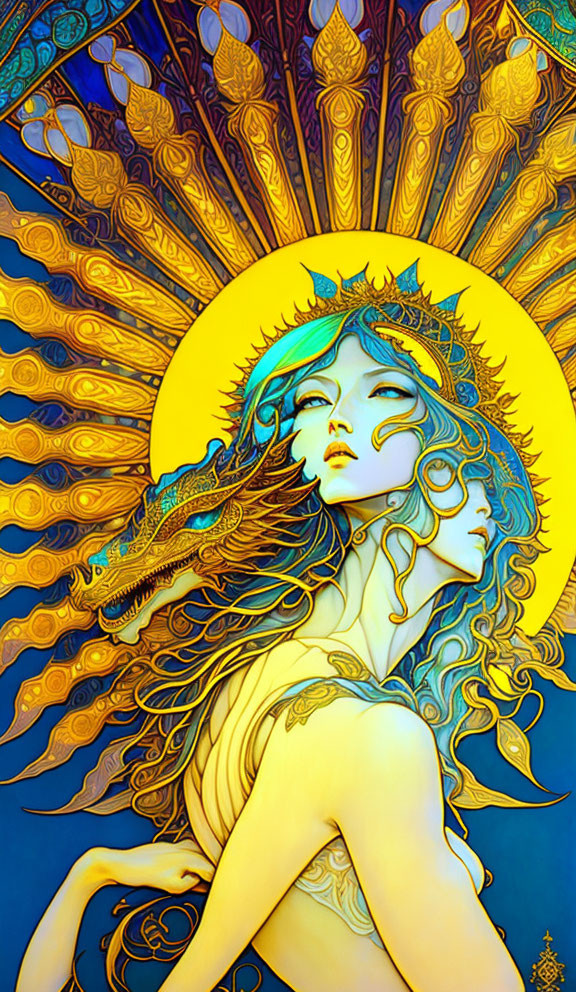 Art Nouveau style woman with crown and dragon on golden halo background