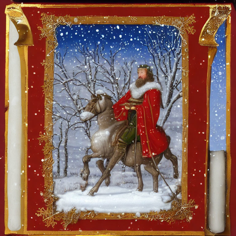 Bearded Figure on Horse in Snowy Landscape with Golden Frame