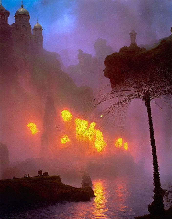 Mystical cityscape at dusk with illuminated windows, fog, reflective waterway, exotic architecture,