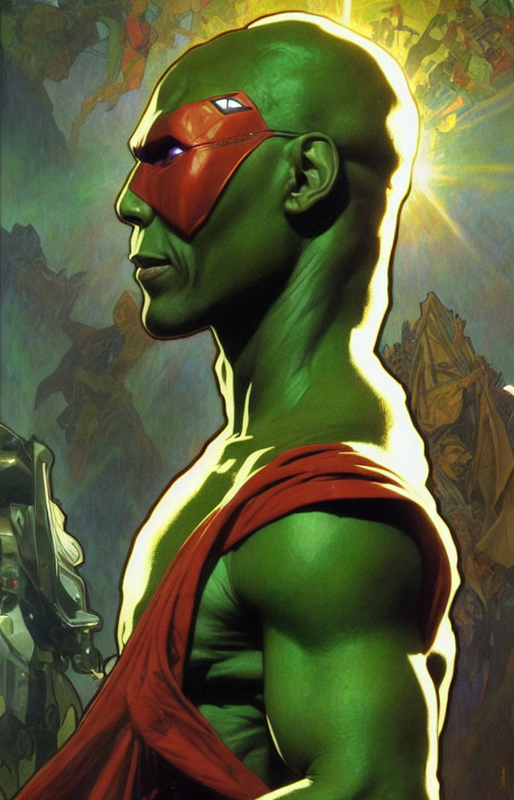 Muscular green-skinned man with red blindfold in heroic pose against futuristic backdrop