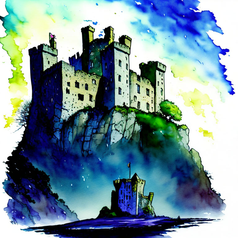 Colorful Watercolor Illustration of Grand Castle on Cliff