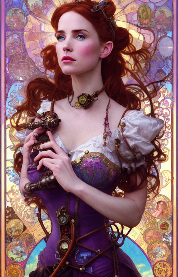 Victorian-style woman in purple dress with cog accessories against ornate background