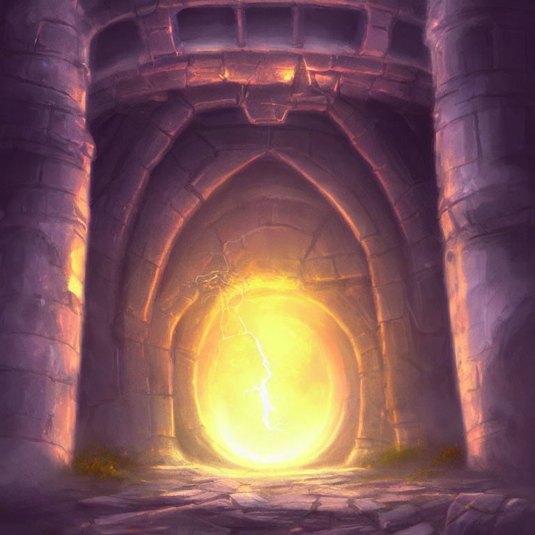 Ancient stone archway with glowing portal in castle corridor