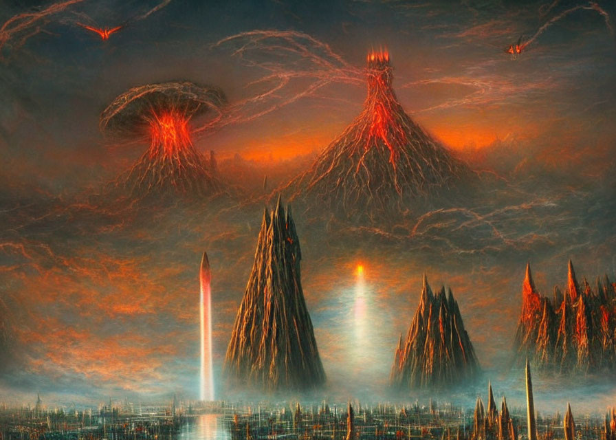 Fantastical landscape with lava volcanoes, rivers of fire, and cityscape under dramatic sky