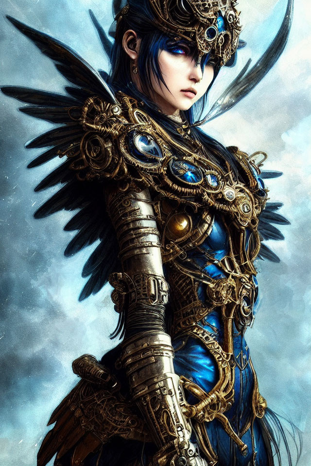 Detailed illustration of warrior in blue and gold armor under dramatic sky