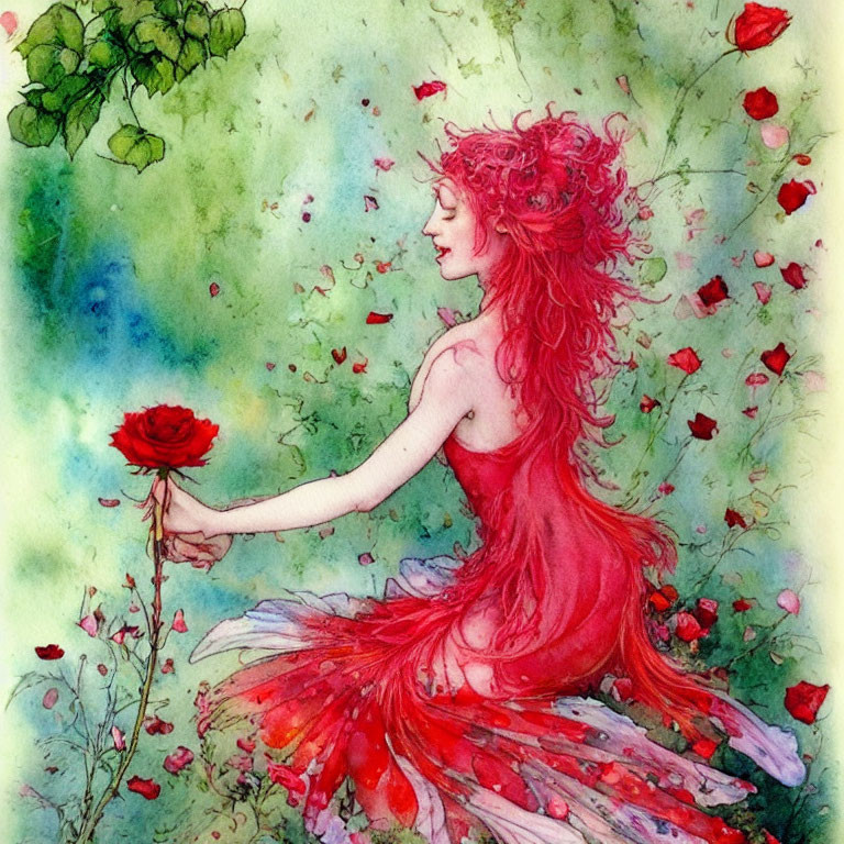 Illustration of red-haired woman in rose petal dress with drifting petals