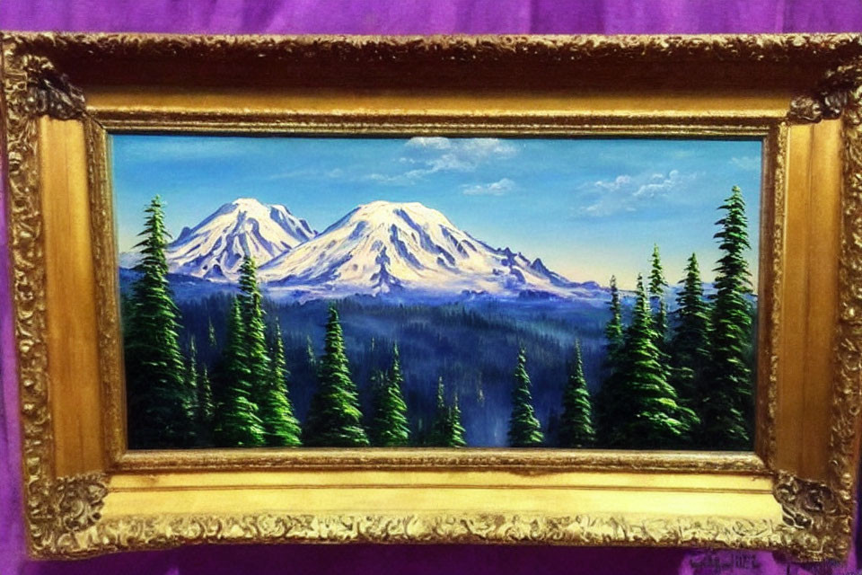 Framed Landscape Painting of Snow-Capped Mountains and Pine Trees