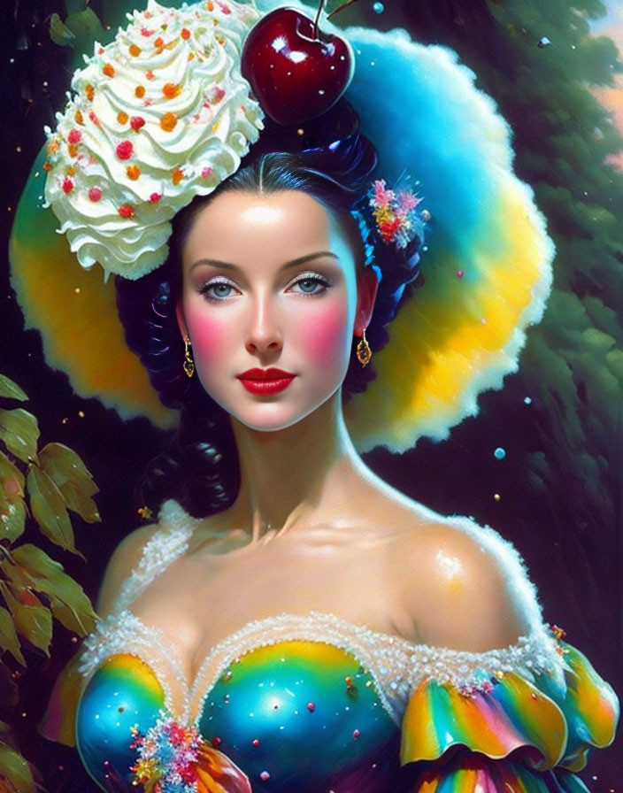 Colorful portrait of woman with dessert-themed hairstyle.