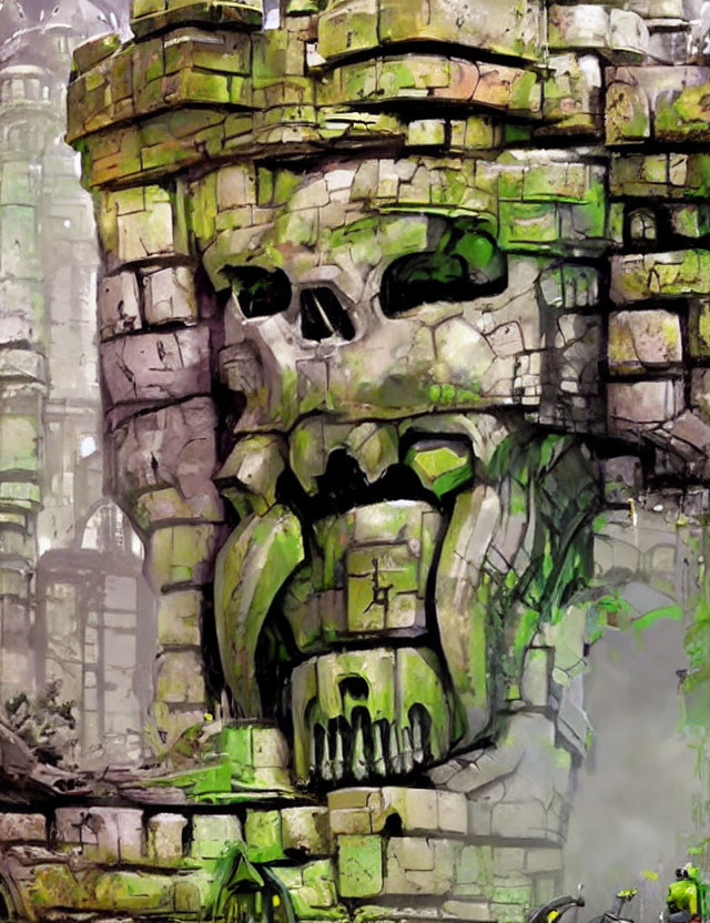 Moss-Covered Stone Structure with Skull-Like Face in Ruins