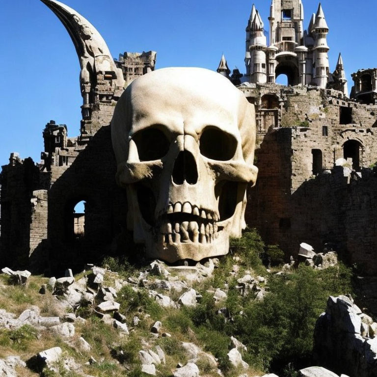 Skull sculpture on rocky terrain with castle ruins and tower background