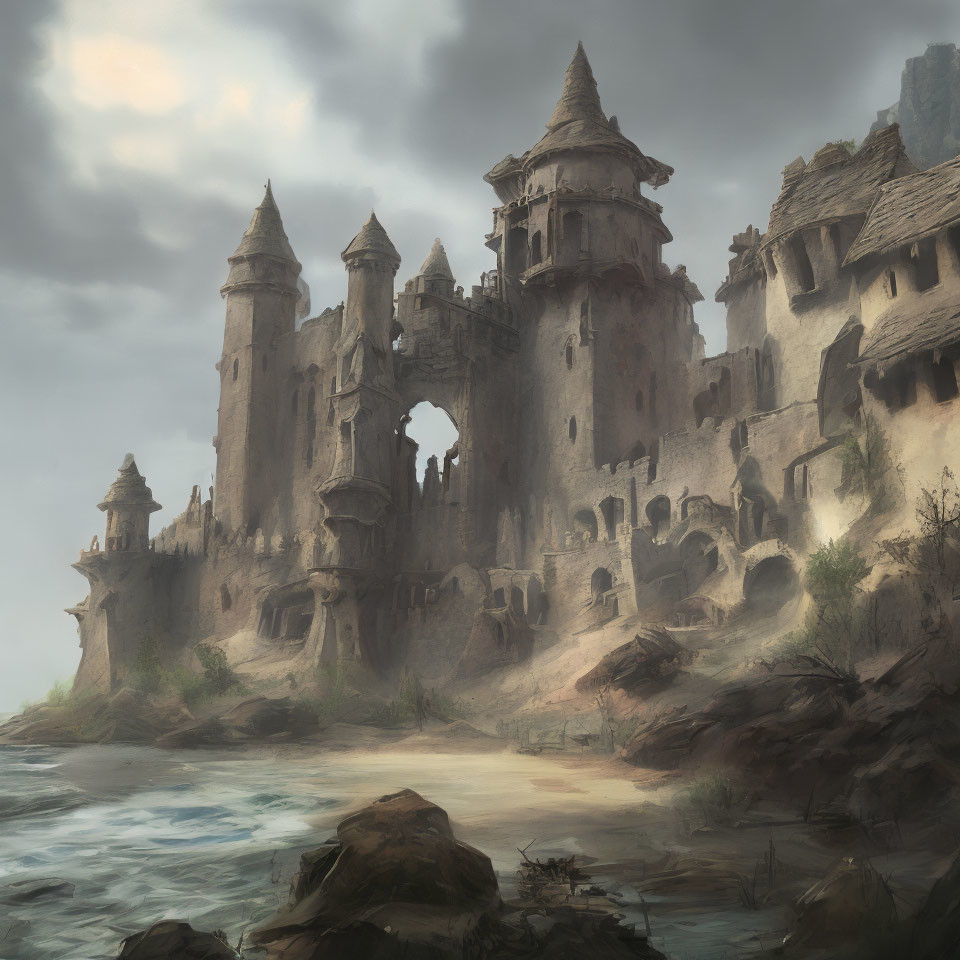 Weathered castle with towering spires and broken walls by misty shore