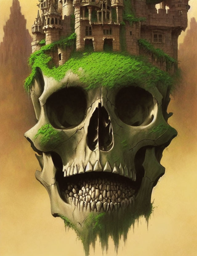 Eerie castle on large skull with fantasy architecture and macabre natural element