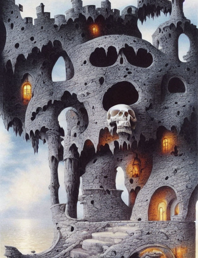 Fantastical castle with skull motifs, illuminated windows, on rocky outcrop under cloudy sky