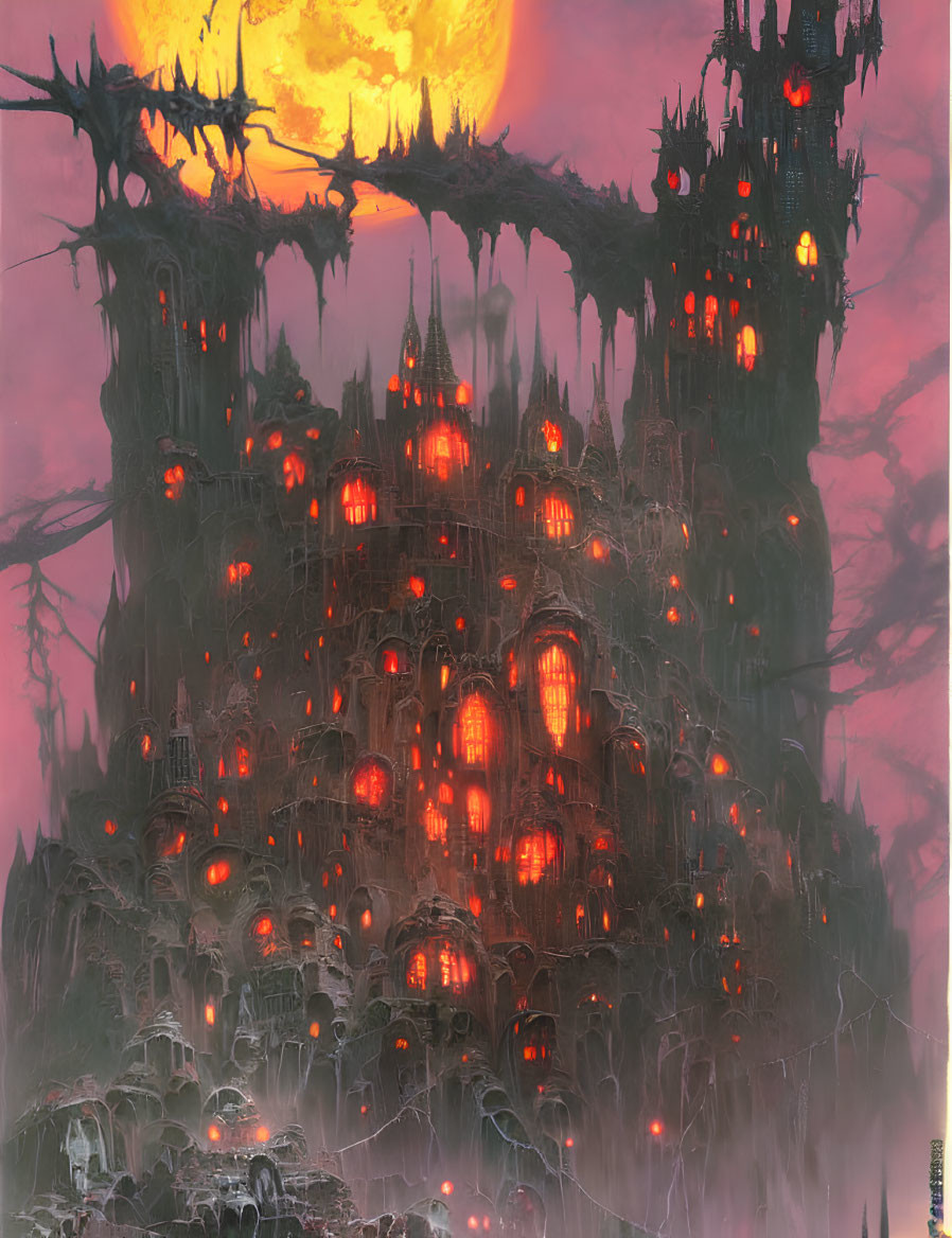 Dark fortress with red windows under yellow moon in red sky