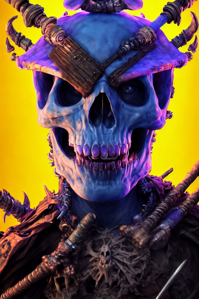 Colorful digital artwork: Skull with purple horns on yellow background