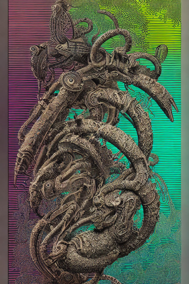 Intricate Metallic Serpentine Sculpture on Holographic Green-Purple Background