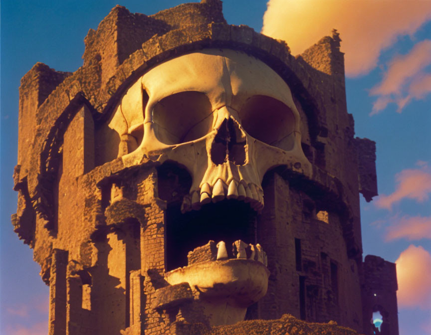 Skull-shaped structure integrated into ancient building facade