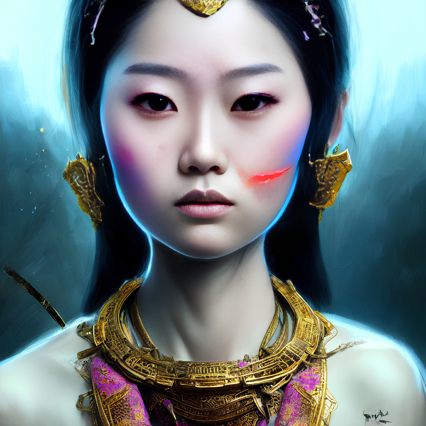 Detailed digital portrait of woman in golden armor with blue neon glow.