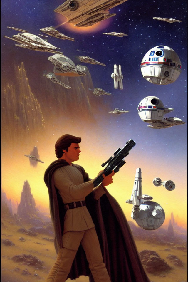 Space-themed illustration featuring a man in a cape, blaster, R2-D2, and spacecraft