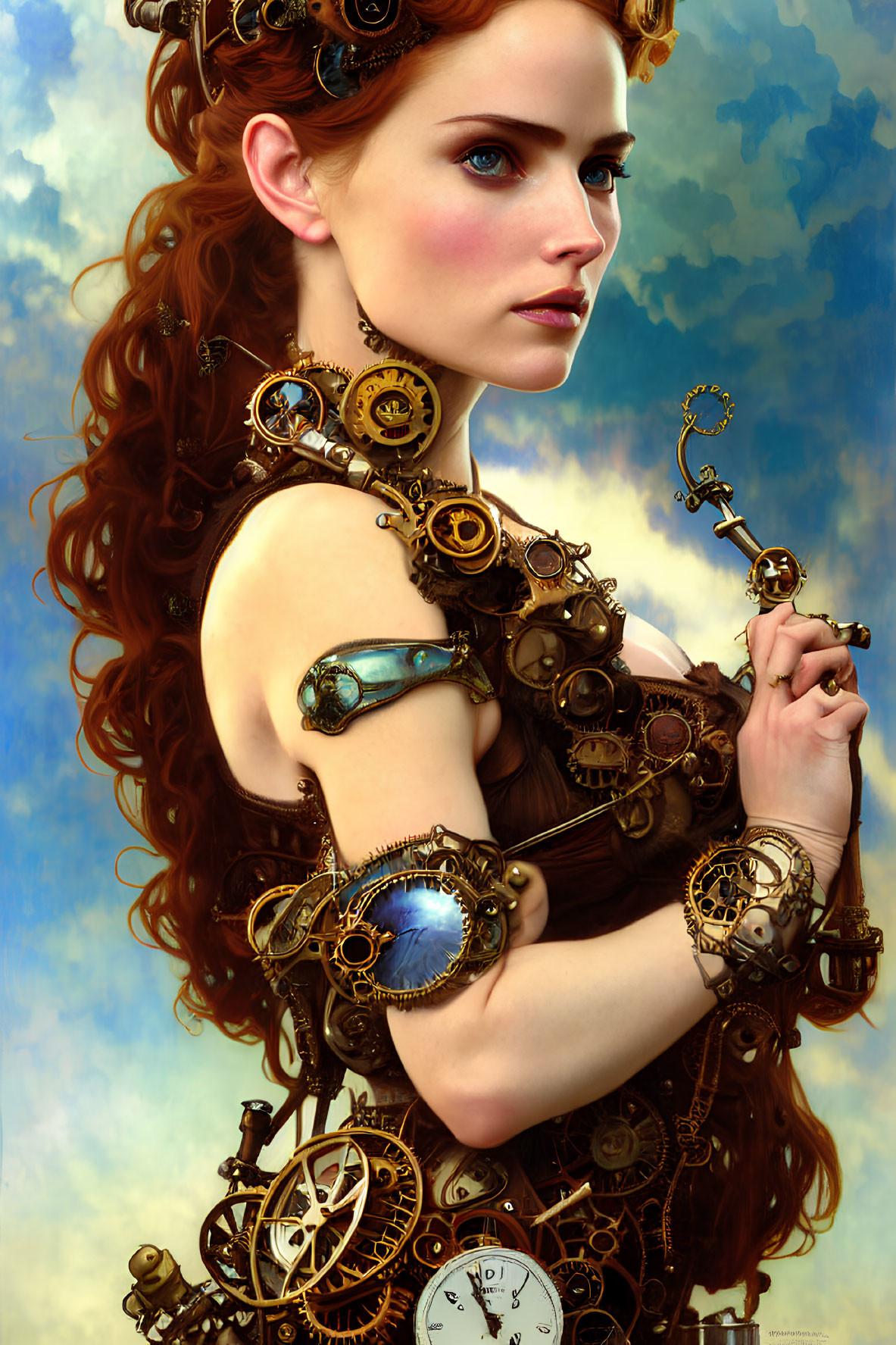 Digital painting of woman with steampunk gear & mechanical armlet