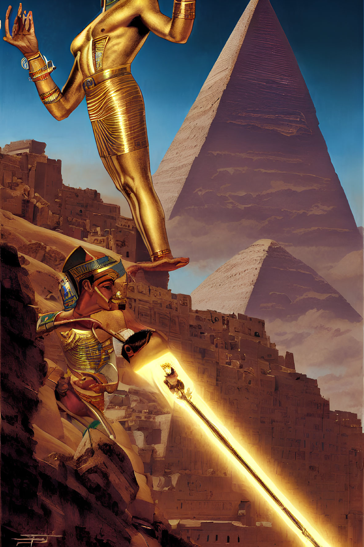 Giant Egyptian Pharaoh Figures in Golden Armor Firing Laser Beam at Pyramid