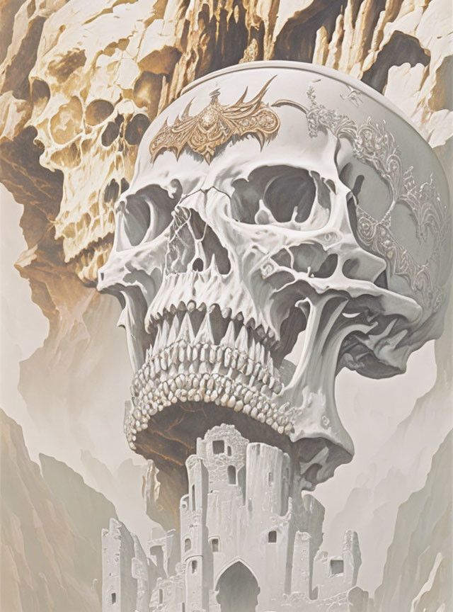 Intricately carved skull with dragon motif in surreal painting