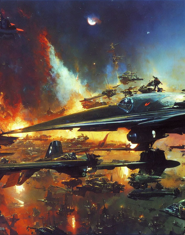 Intense sci-fi space battle with various spacecraft and explosions.