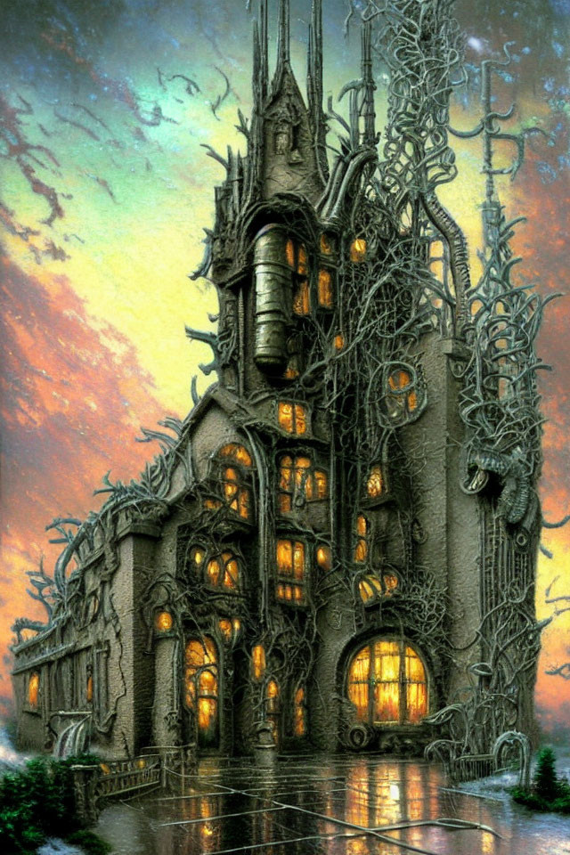 Gothic-style house with lit windows and ornate towers under twilight sky