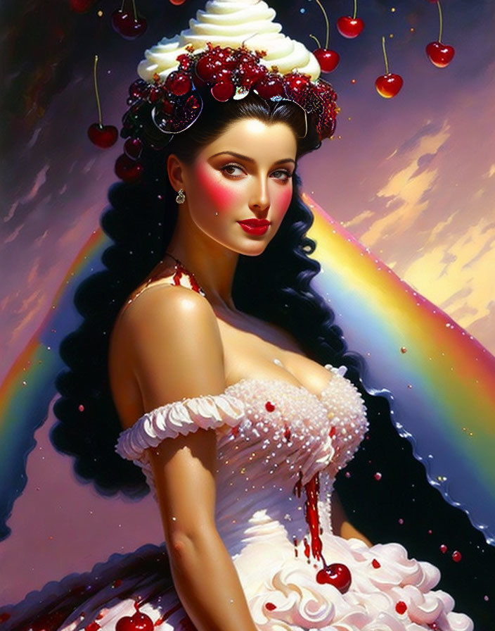 Colorful portrait of a woman with fruit headdress and rainbow backdrop