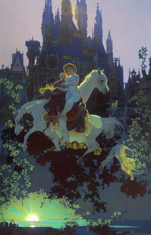 Golden-armored knight on white horse in forest with gothic castle at dusk