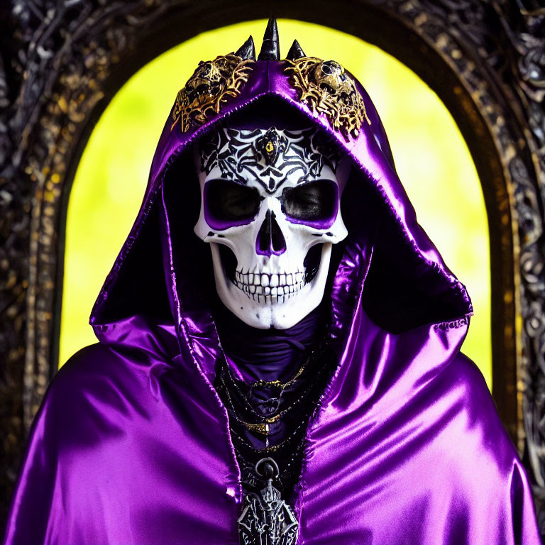 Person in Skull Mask and Purple Cloak with Golden Headpiece