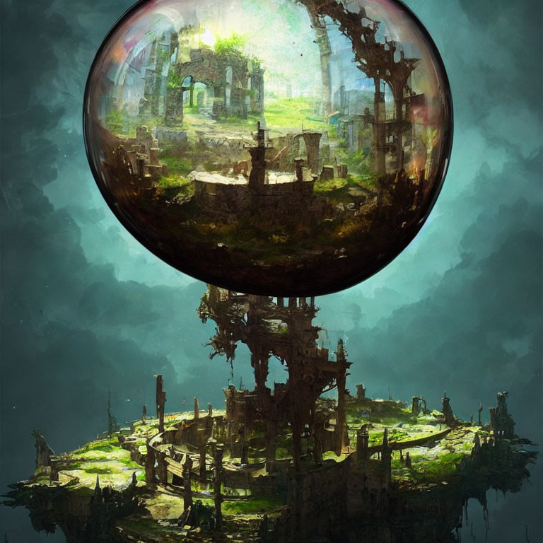 Fantastical crystal sphere above decaying ruins landscape