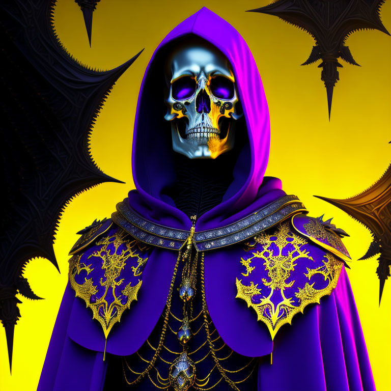 Colorful digital artwork: Skeleton in purple robe on yellow background with black bats