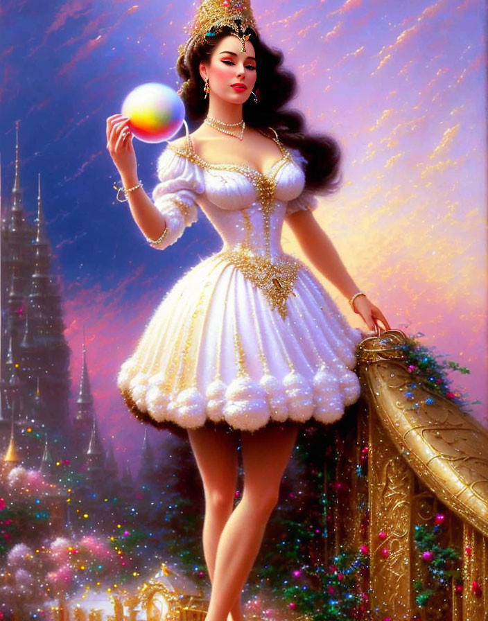 Illustrated woman in white and gold dress with crown holding glowing orb in front of castle background