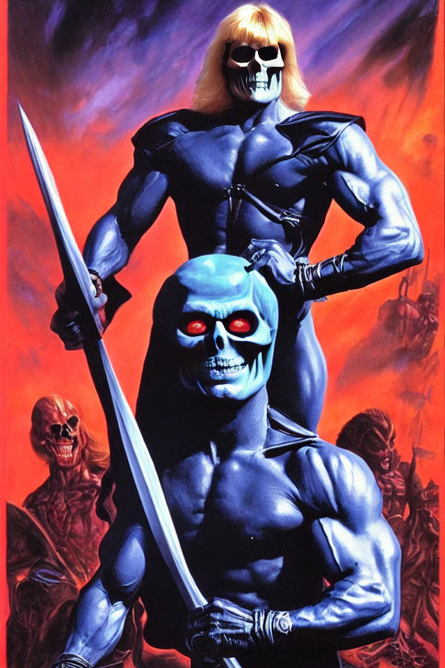 Muscular character with skull face and sword in fiery setting