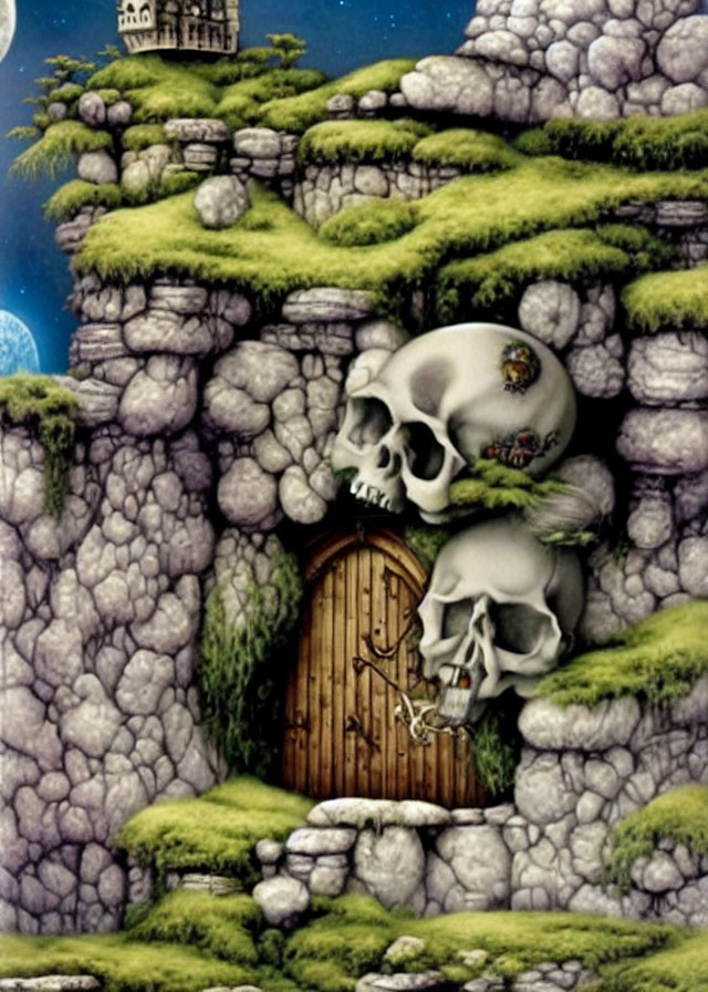 Fantastical illustration of skulls in rocky cliff with wooden door and castle under night sky