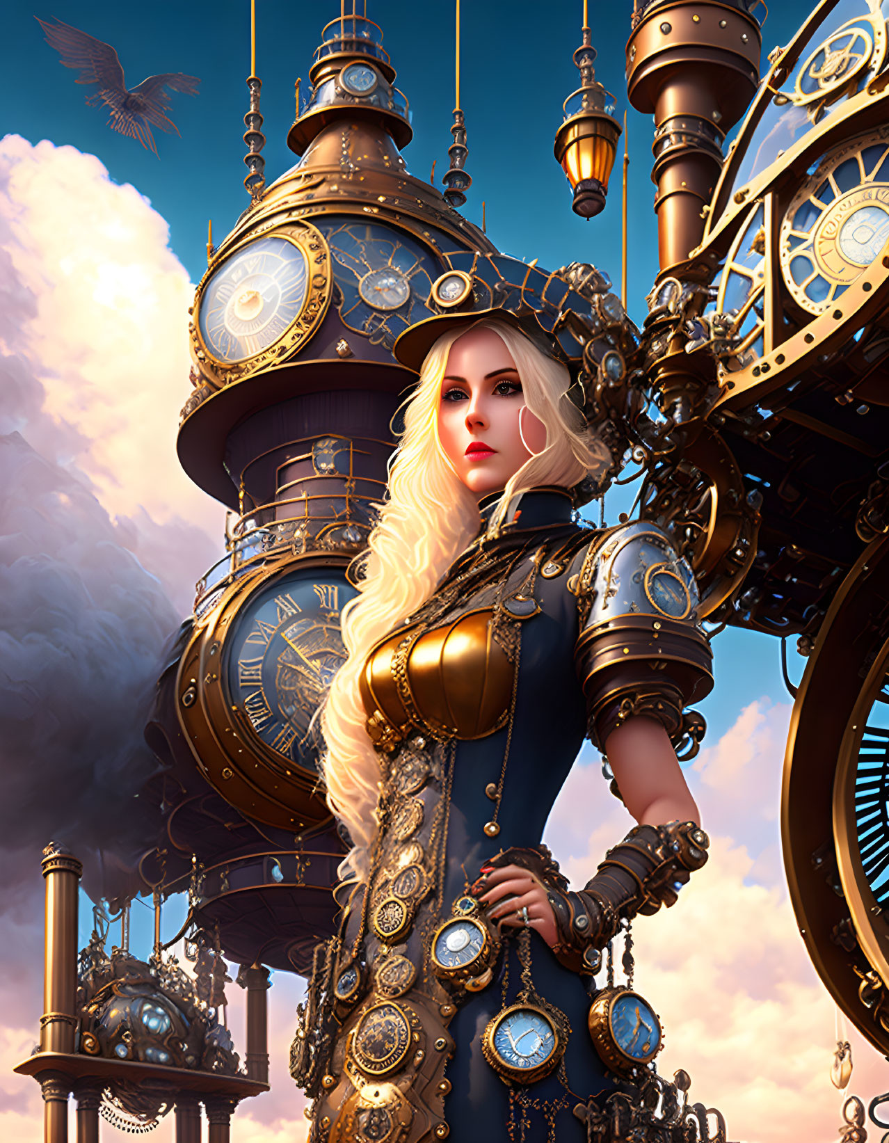 Steampunk-themed woman with clockwork backdrop and mechanical bird.