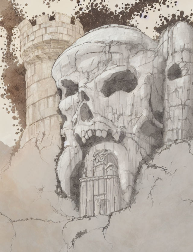 Skull-shaped mountain with door and tower on brown backdrop