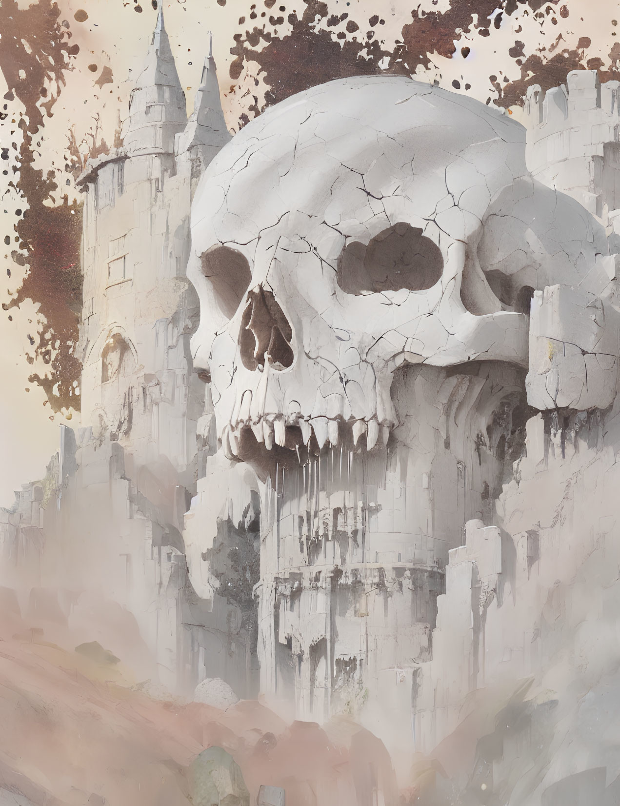 Fantastical landscape with giant skull cliff, castle, and birds