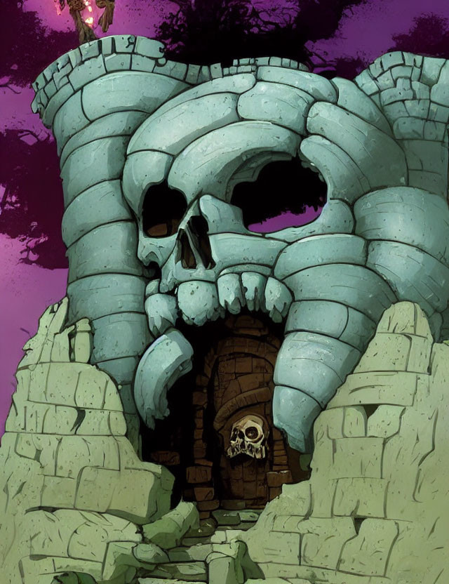 Stone skull entrance with smaller skull in doorway against purple night sky