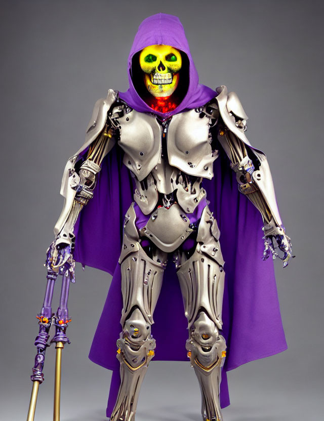 Skeleton Figure in Purple Robe with Glowing Eyes and Staff