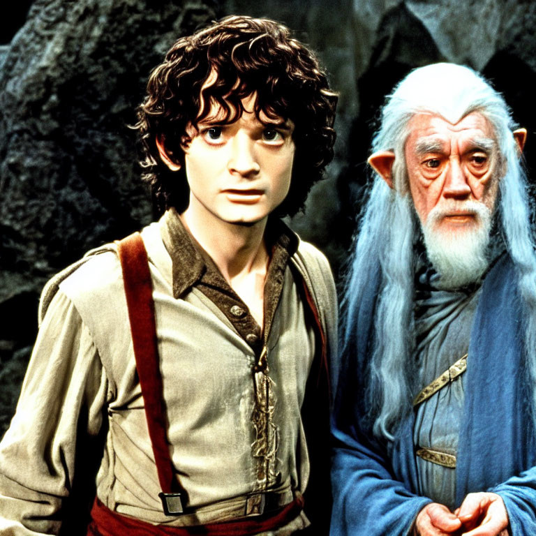 Young man with curly hair next to elderly man in fantasy setting