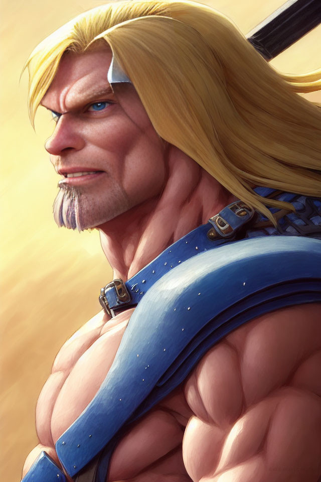 Muscular blond man with blue cape and futuristic headband illustration