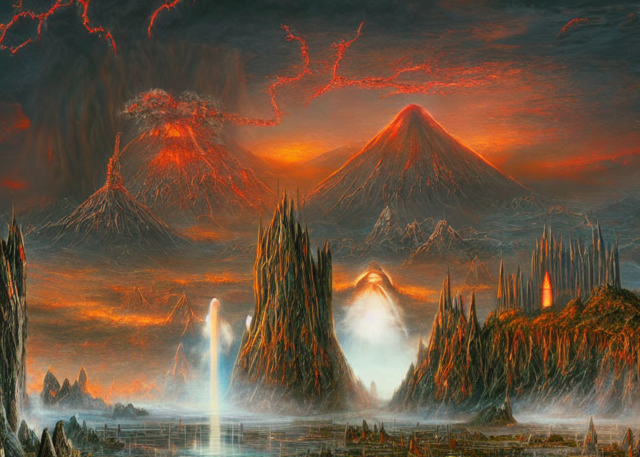 Fantastical volcanic landscape with luminous beings and glowing lava rivers