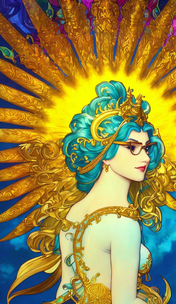 Woman with Golden Wings and Blue Hair Illustration on Vibrant Background